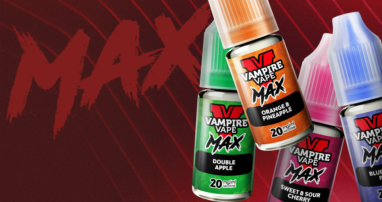 A red Vampire Vape Max homepage banner with a large "MAX" watermark and bottles of Double Apple, Orange & Pineapple, and Sweet & Sour Cherry.
Alt text (short): Vampire Vape Max homepage banner.