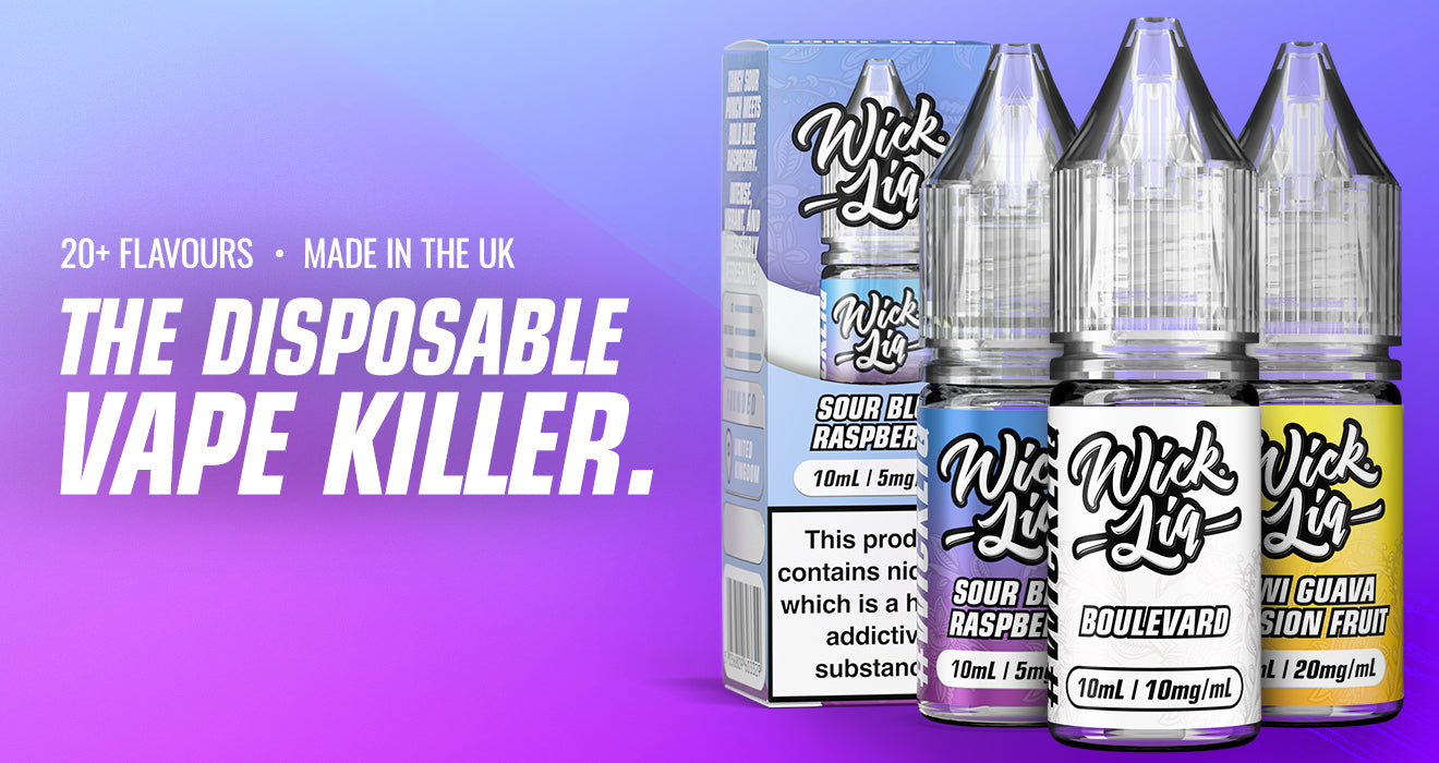 A purple gradient Wick Liq Bar Juice homepage banner reading "The Disposable Vape Killer," with Sour Blue Raspberry, Boulevard, and Kiwi Guava Passion Fruit bottles.