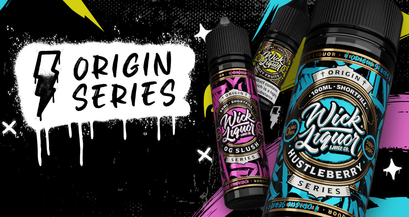 A black graffiti-style Wick Liquor Origin Series homepage banner with pink OG Slush, Oozy Fruits, and blue Hustleberry 100ml Shortfill bottles.