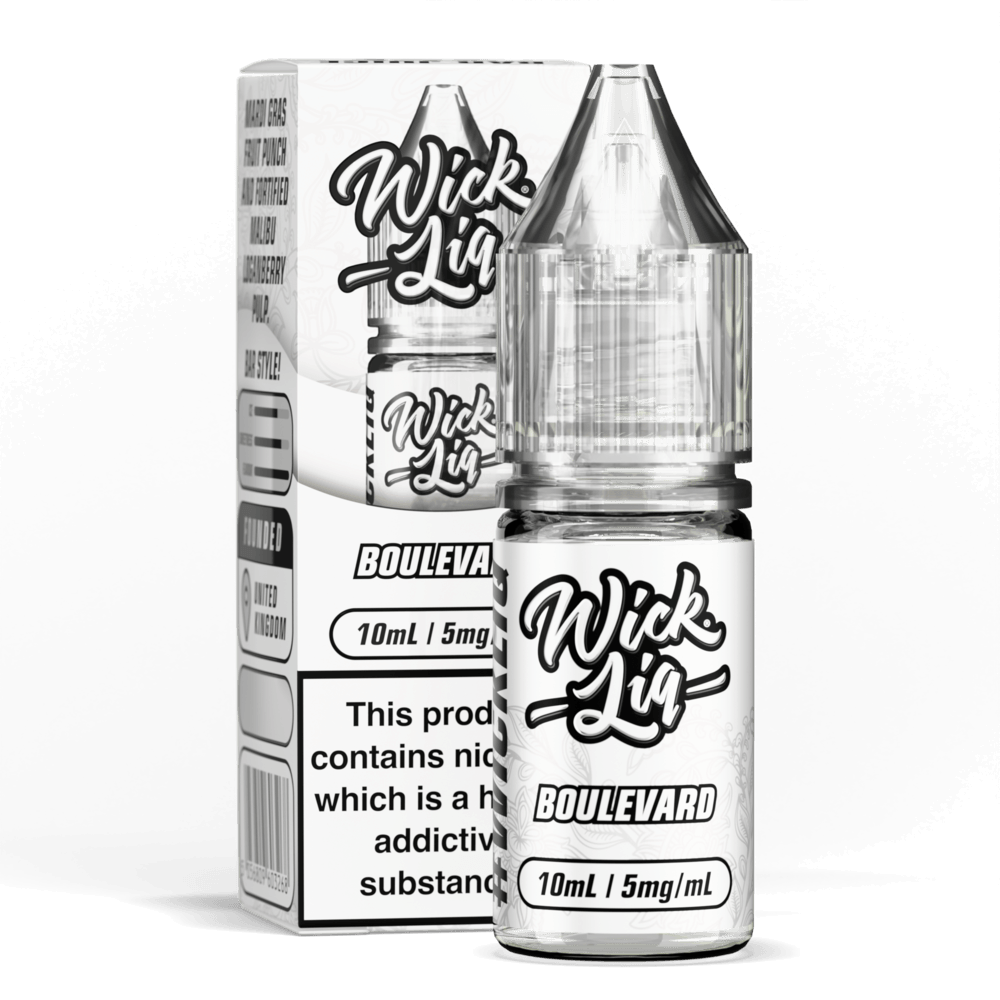 Wick Liq Bar Juice Boulevard 10ml nic salt bottle and box, white label design, 'Wick Liq' script logo, clear bottle with clear cap, 5mg/mL strength badge, nicotine addictive warning text on box