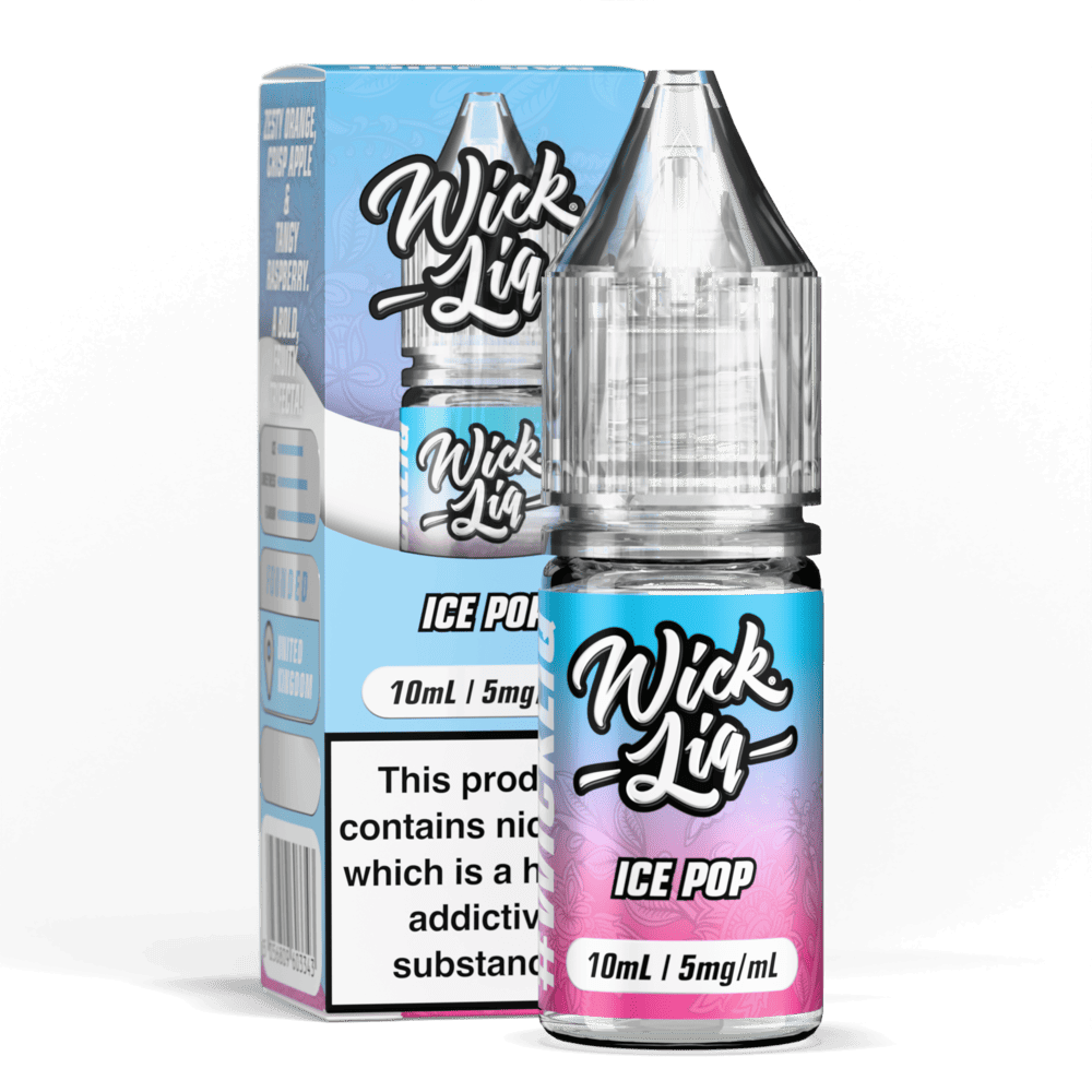 Wick Liq Bar Juice Ice Pop 10ml nic salt bottle and box, blue-to-pink gradient design, 'Wick Liq' script logo, clear bottle with clear cap, 5mg/mL strength badge, nicotine addictive warning text on box