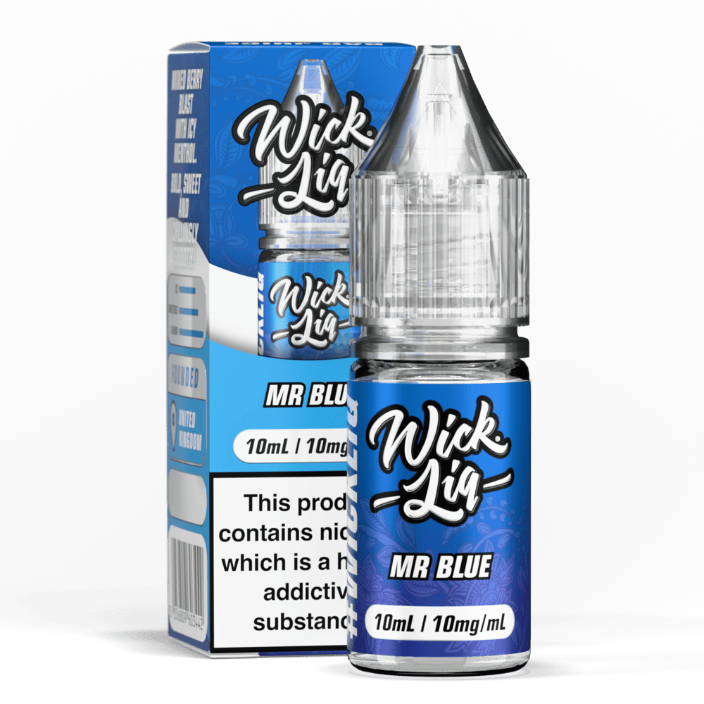 A blue Wick Liq Bar Juice Mr Blue 10ml nicotine salt e-liquid bottle beside its box, 10mg strength.