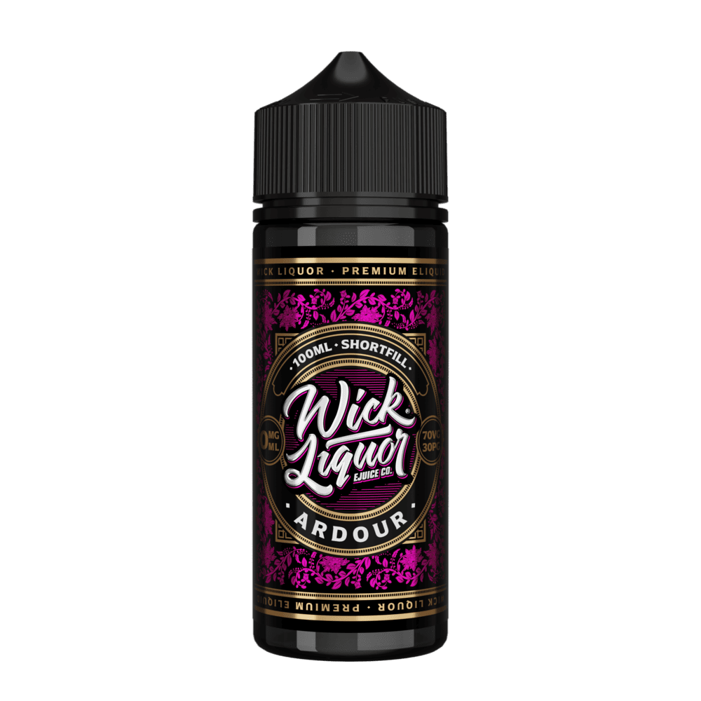 A black 100ml Wick Liquor Ardour shortfill e-liquid bottle with a black cap and a pink floral, gold-trimmed label reading "Wick Liquor" and "Ardour".