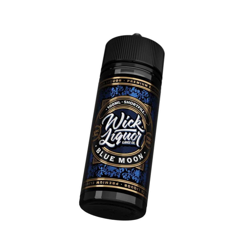 A black 100ml Wick Liquor Blue Moon shortfill e-liquid bottle tilted at an angle, showing the blue floral, gold-trimmed label.