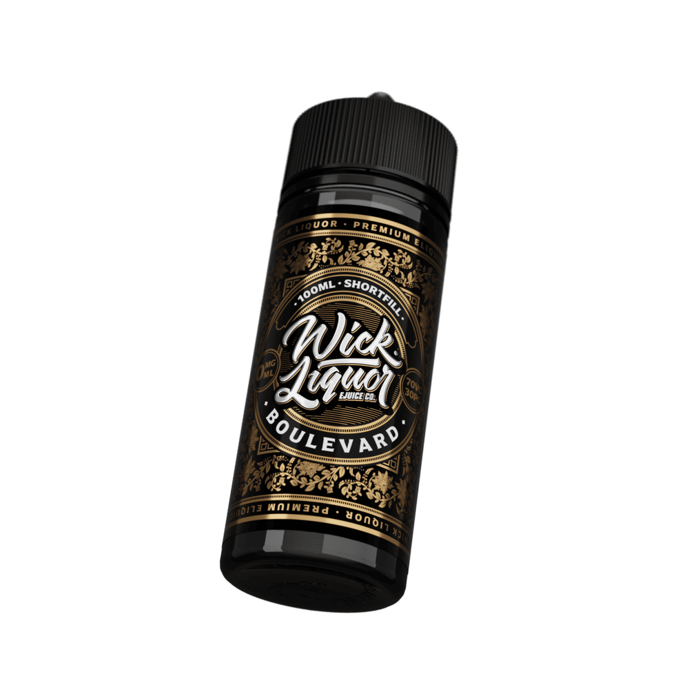 A black 100ml Wick Liquor Boulevard shortfill e-liquid bottle tilted at an angle, showing the gold floral, gold-trimmed label.
