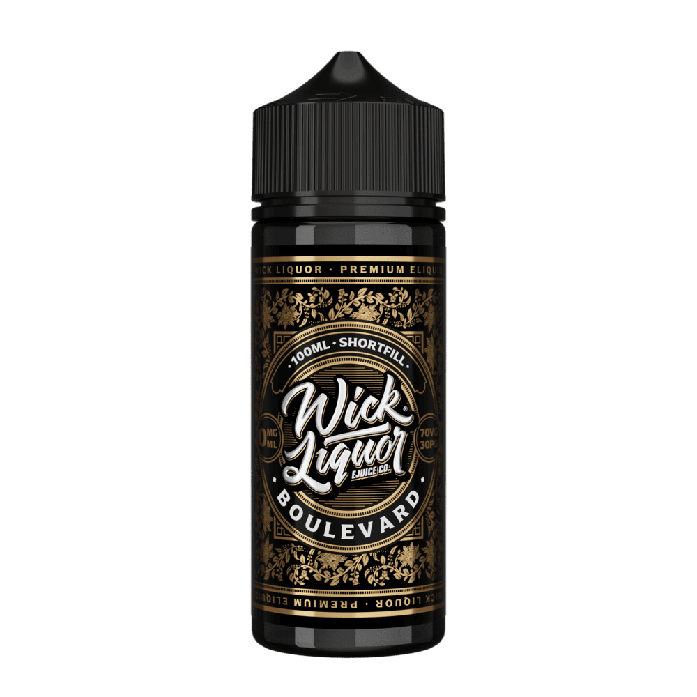 A black 100ml Wick Liquor Boulevard shortfill e-liquid bottle with a black cap and a gold floral, gold-trimmed label.
