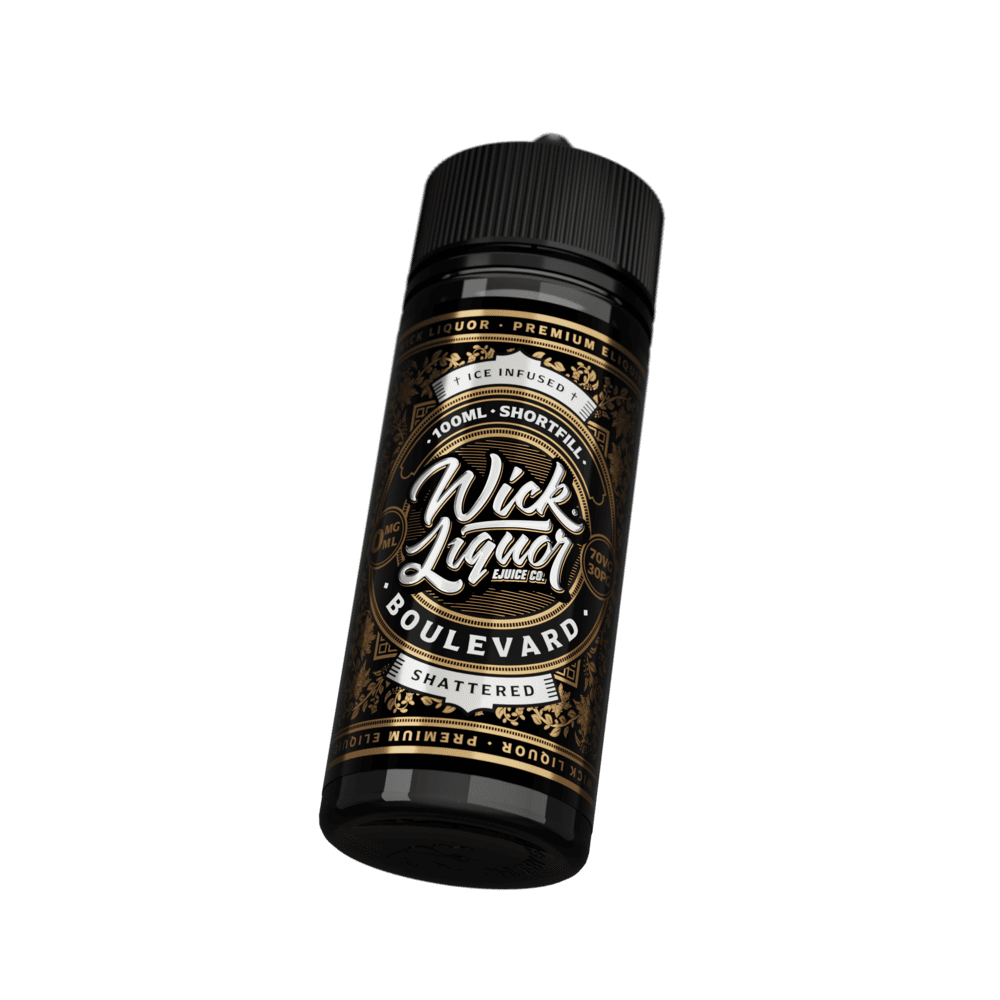 A black 100ml Wick Liquor Boulevard Shattered shortfill e-liquid bottle tilted at an angle, showing the "Ice Infused" banner and gold floral label.
