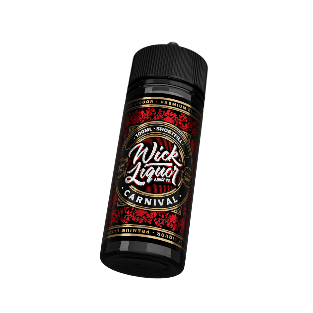 A black 100ml Wick Liquor Carnival shortfill e-liquid bottle tilted at an angle, showing the red floral, gold-trimmed label.