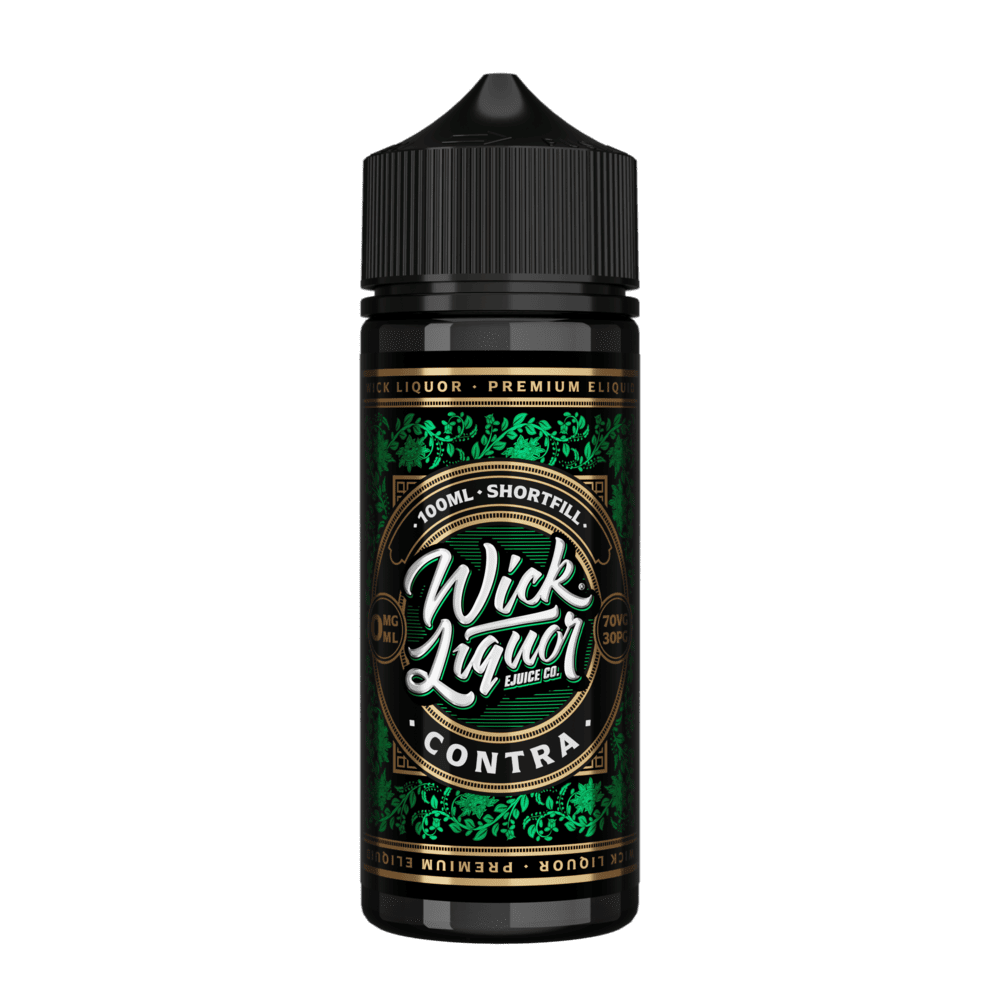 A black 100ml Wick Liquor Contra shortfill e-liquid bottle with a black cap, dark green label with gold floral filigree detailing, and a circular logo badge.