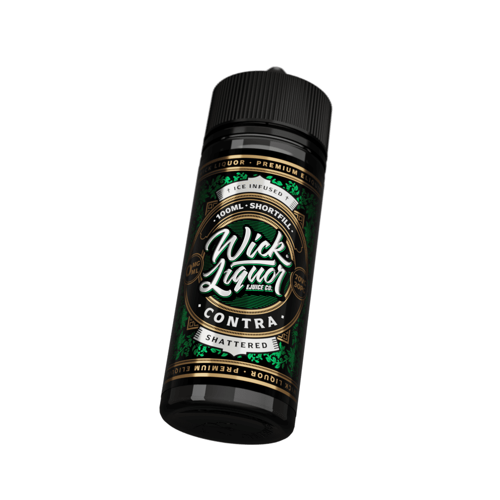 A black 100ml Wick Liquor Contra Shattered shortfill e-liquid bottle tilted at an angle, showing the "Ice Infused" and "Shattered" banners on the dark green floral-patterned label.