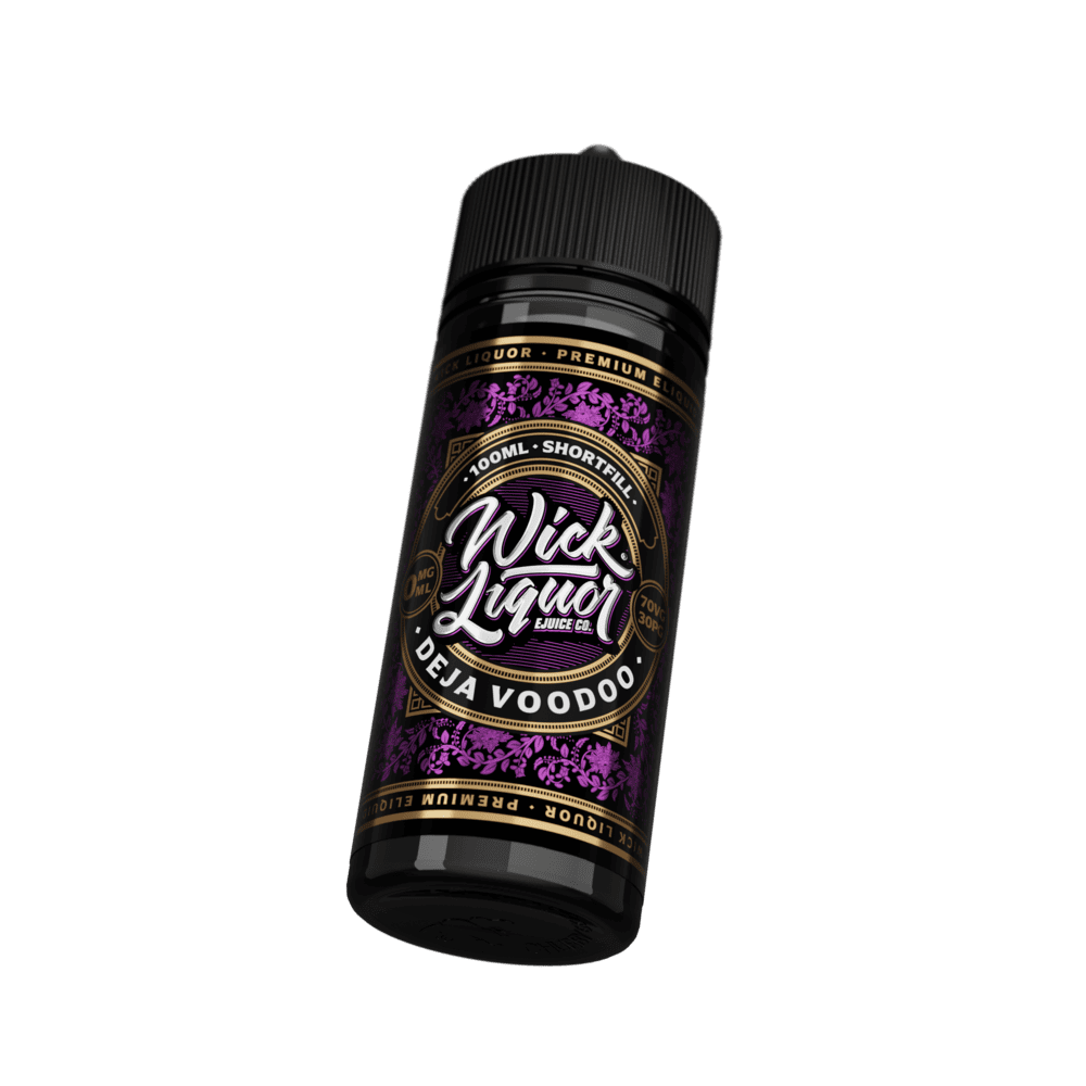 A black 100ml Wick Liquor Deja Voodoo shortfill e-liquid bottle tilted at an angle, showing the dark purple label with gold floral filigree detailing.