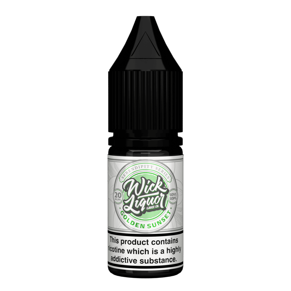 A black Wick Liquor Serendipity Series Golden Sunset 10ml nicotine salt e-liquid bottle with a cream and green label, 20mg strength.