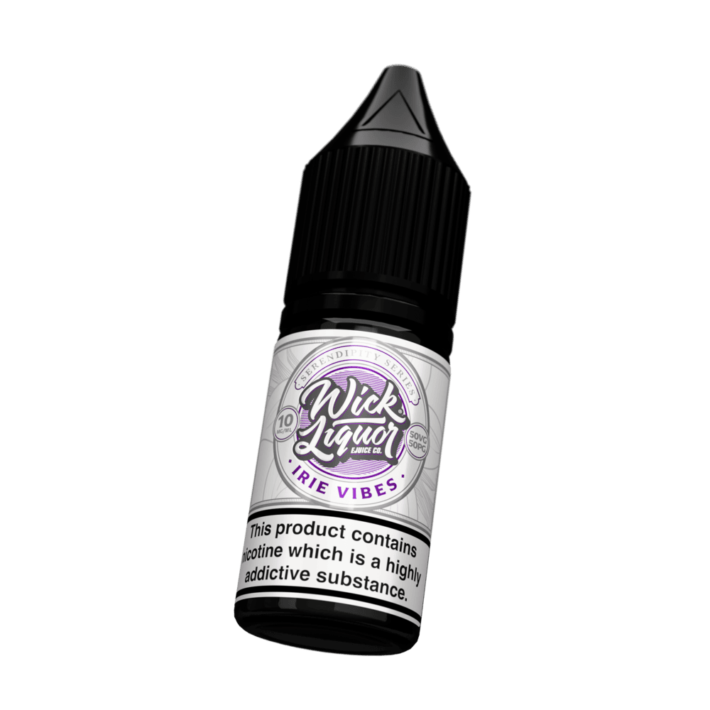 A black Wick Liquor Serendipity Series Irie Vibes 10ml nicotine salt e-liquid bottle tilted at an angle, cream and purple label, 10mg strength.