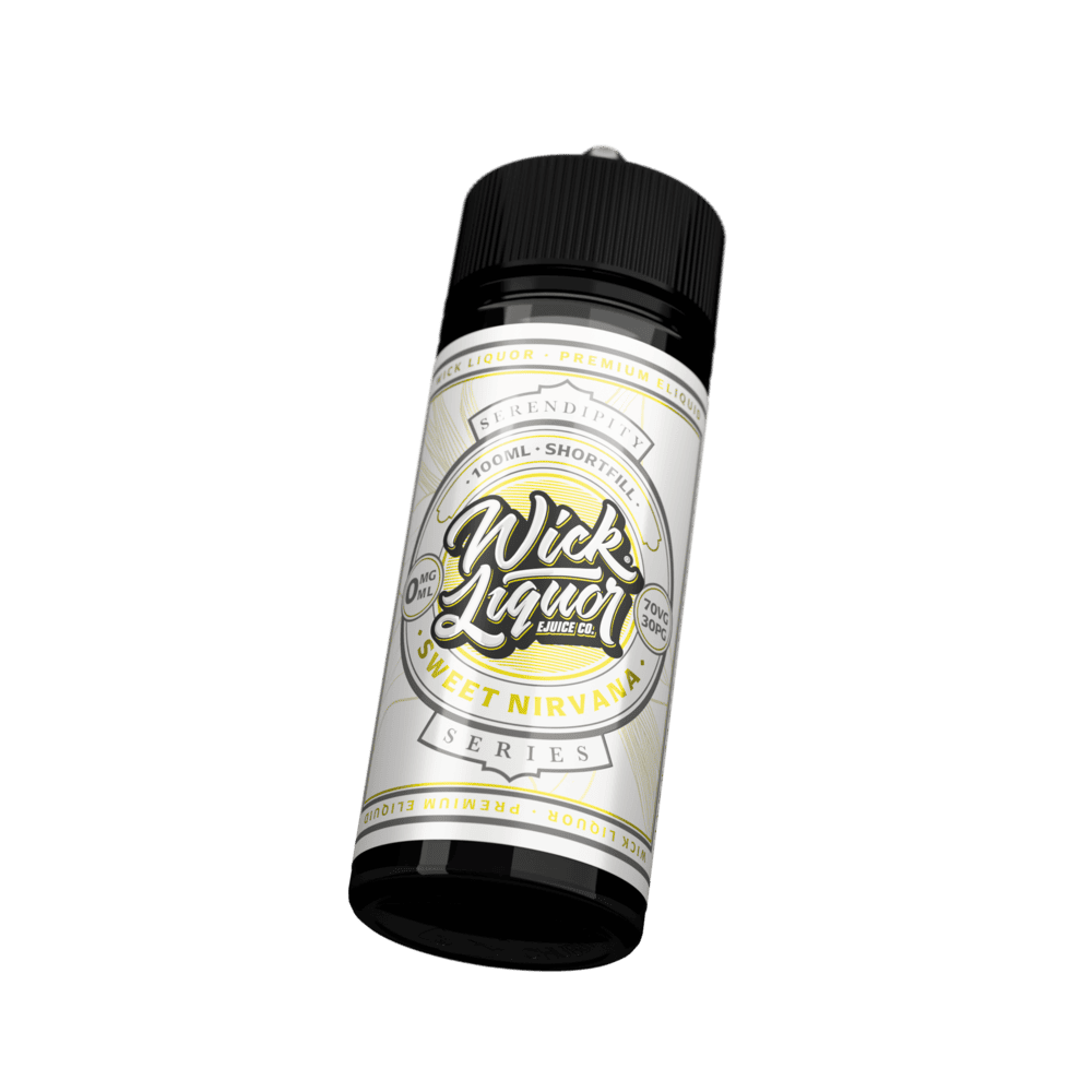 A 100ml Wick Liquor Serendipity Series Sweet Nirvana shortfill e-liquid bottle tilted at an angle, cream and yellow label, 0mg.