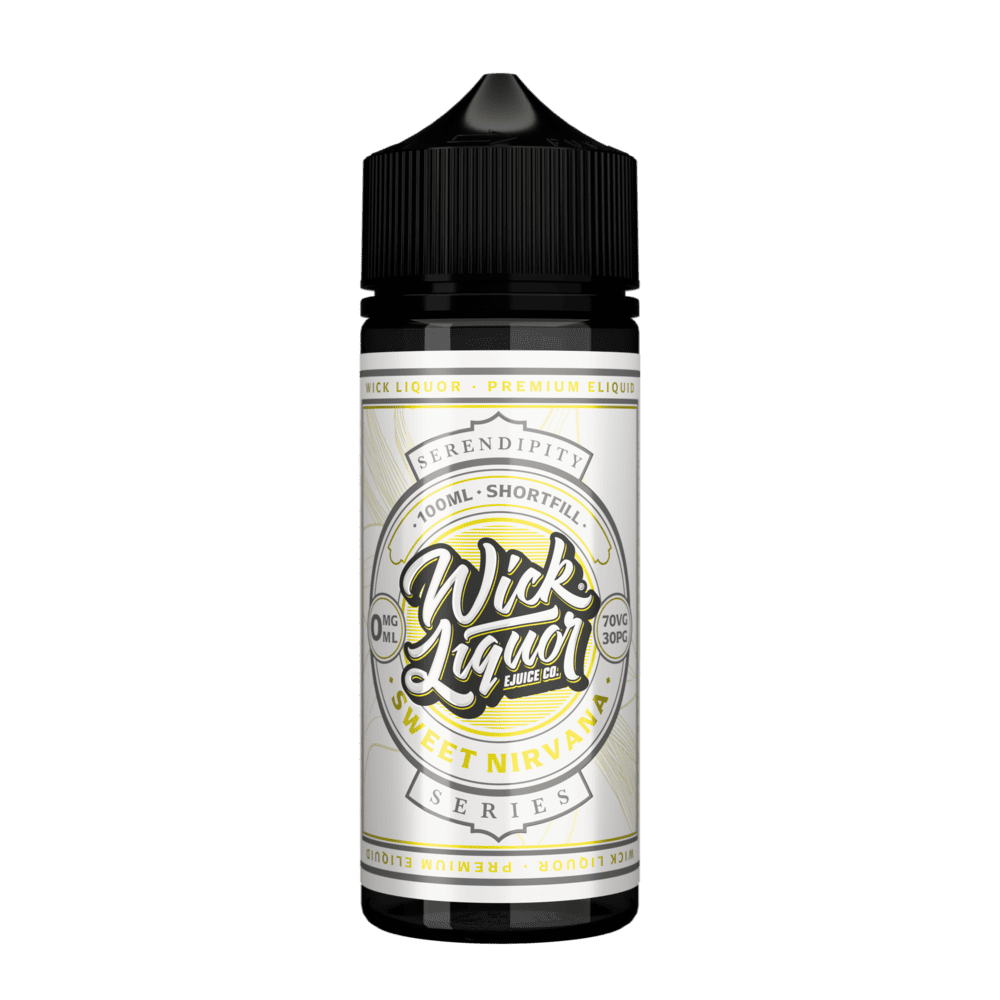 A 100ml Wick Liquor Serendipity Series Sweet Nirvana shortfill e-liquid bottle with a cream and yellow label, 0mg.