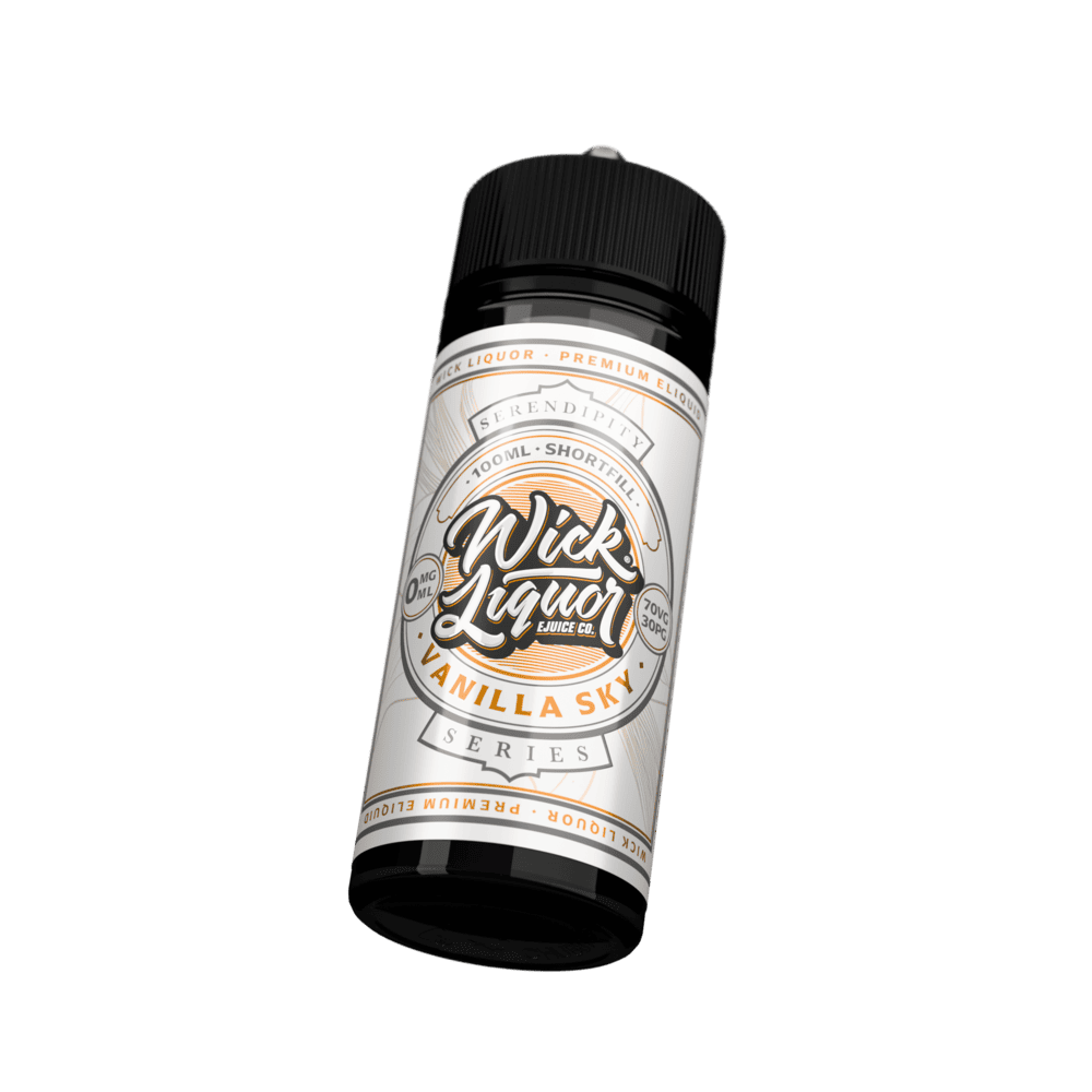 A 100ml Wick Liquor Serendipity Series Vanilla Sky shortfill e-liquid bottle tilted at an angle, cream and orange label, 0mg.