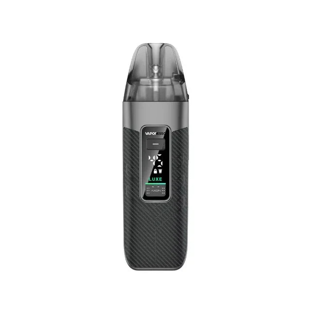 A black and grey Vaporesso LUXE X3 Pod Vape Kit in a Carbon Black carbon-fibre finish, with a digital display and dark clear pod.