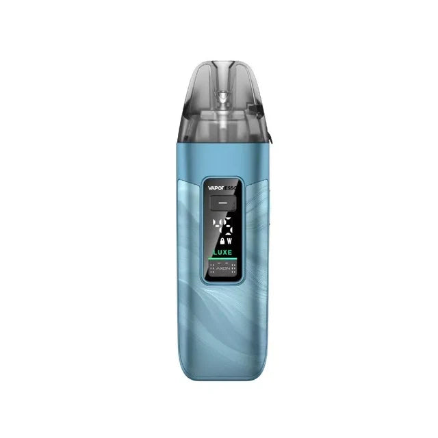 A blue Vaporesso LUXE X3 Pod Vape Kit in a Fluid Blue swirled finish, with a digital display and dark clear pod.