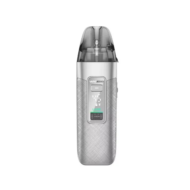 A silver-grey Vaporesso LUXE X3 Pod Vape Kit in a Grey Silk textured finish, with a digital display and dark clear pod.