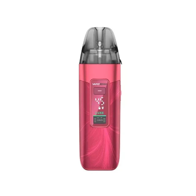 A red Vaporesso LUXE X3 Pod Vape Kit in a Sheer Red swirled finish, with a digital display and dark clear pod.