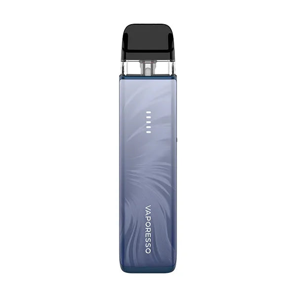 A blue-grey Vaporesso XROS 6 Mini pod kit with a swirling feather-like "Plume" pattern and a five-bar lit battery indicator.