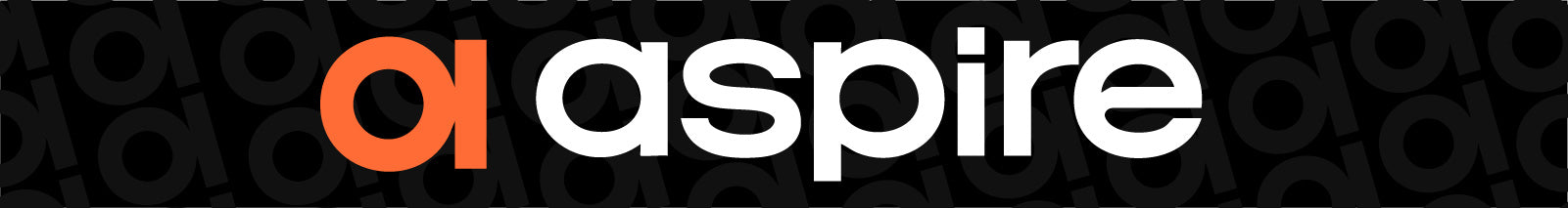 A black banner with a repeating dark logo-mark pattern and the Aspire logo centred in orange and white.