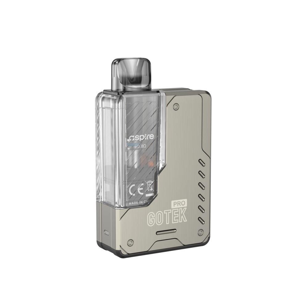 An Aspire Gotek Pro Kit in a pale champagne silver finish, showing a clear pod with visible coil marked "0.8Ω" and "GOTEK PRO" embossed on the brushed metal body.