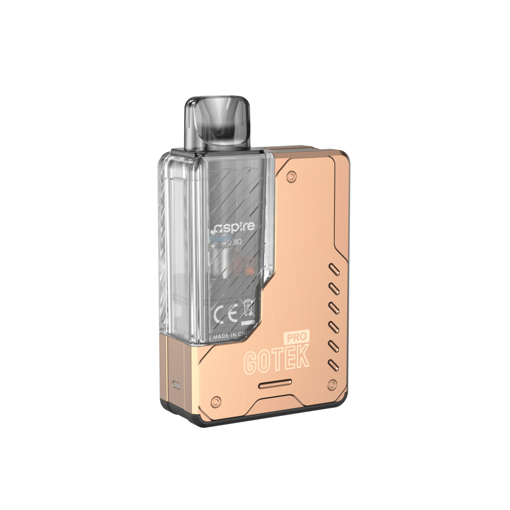 An Aspire Gotek Pro Kit in a rose gold finish, showing a clear pod with visible coil marked "0.8Ω" and "GOTEK PRO" embossed on the brushed metal body.