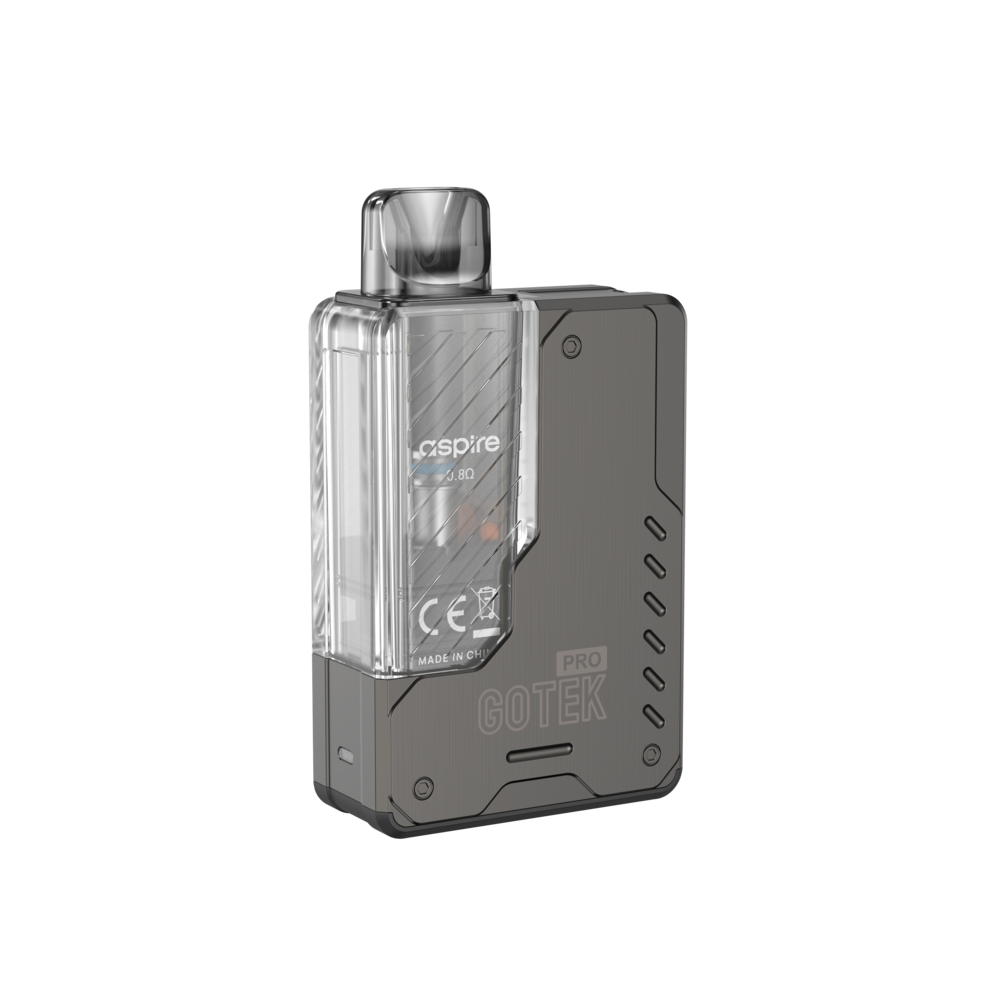 An Aspire Gotek Pro Kit in a translucent smoke grey finish, showing a clear pod with visible coil marked "0.8Ω" and "GOTEK PRO" embossed on the brushed metal body.