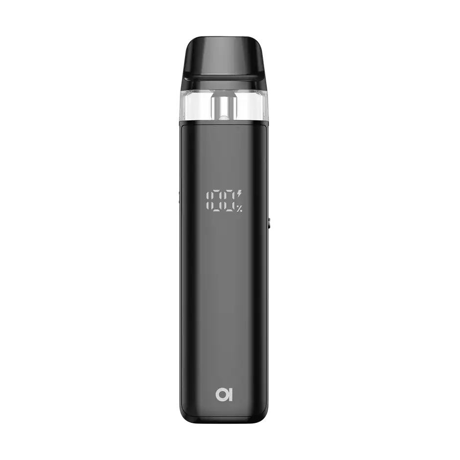 A black Aspire LOOMIX vape kit, front view, with a digital display showing battery and wattage, and a black pod with a clear liquid window on top.
