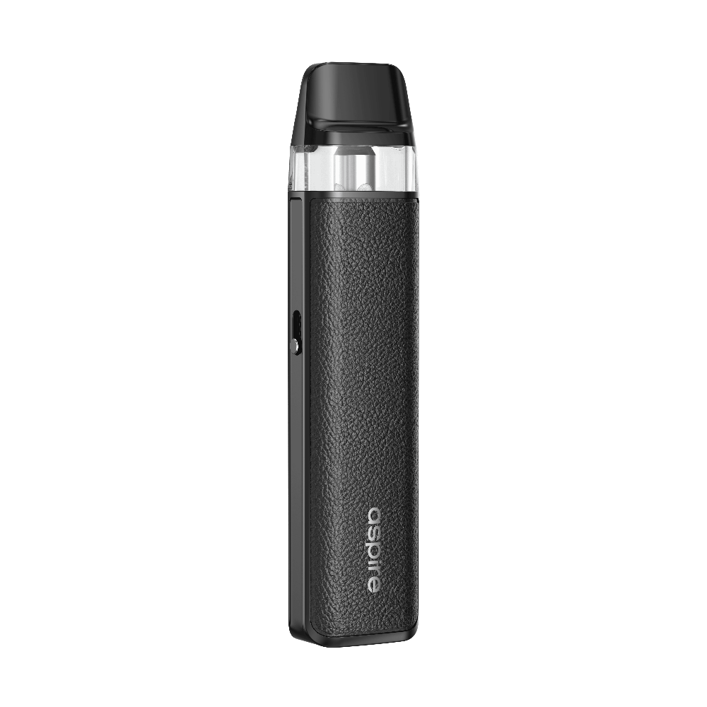 A black Aspire LOOMIX vape kit with a textured leather-effect body, silver trim, and a black pod with a clear liquid window on top.