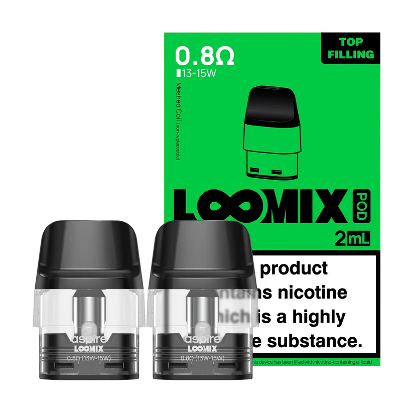 Two black Aspire LOOMIX 0.8Ω vape pods beside a green 2mL LOOMIX Pod box showing top-filling and a nicotine warning label.