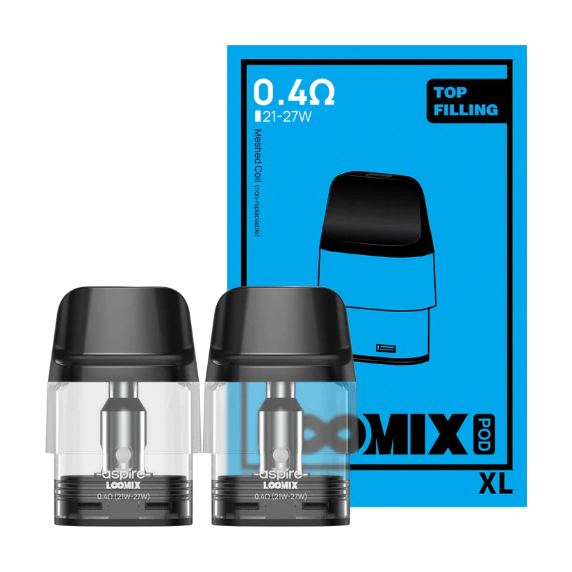 Two clear Aspire LOOMIX XL vape pods with black caps beside a blue-outlined 0.4Ω LOOMIX Pod XL box showing top-filling.