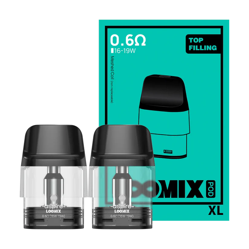 Two clear Aspire LOOMIX XL vape pods with black caps beside a teal-outlined 0.6Ω LOOMIX Pod XL box showing top-filling.