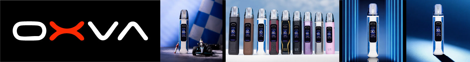A five-panel Oxva brand banner: the black Oxva logo with a red X, a device beside a toy race car, a lineup of nine devices in different colours, and two single-device shots lit with blue neon light.