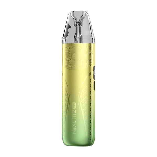 A yellow-to-green gradient OXVA NeXLim 2 Mini pod kit with a hexagon-patterned upper panel and wavy ripple lines down the lower body,  a different texture from the rest of the range.