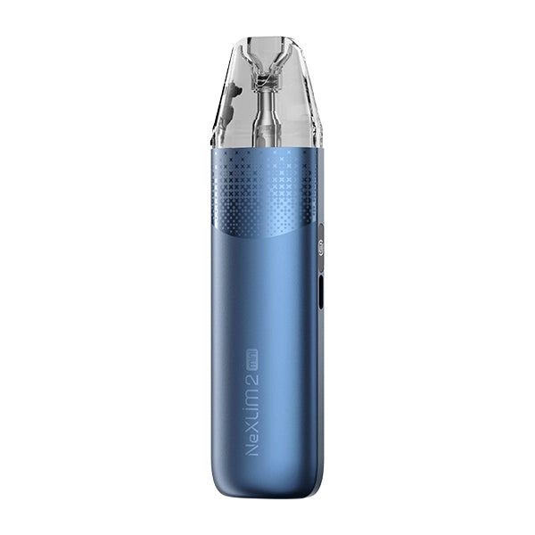 A navy blue OXVA NeXLim 2 Mini pod kit with a cross-hatch textured upper panel fading into a plain metallic lower body.
