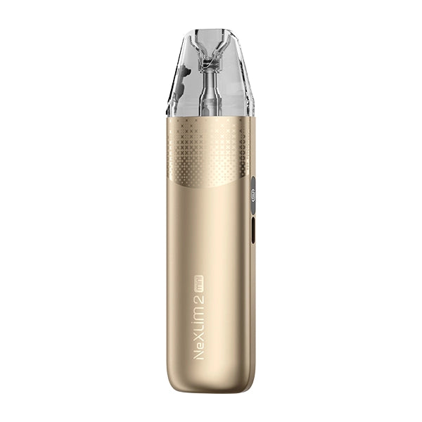A gold OXVA NeXLim 2 Mini pod kit with a cross-hatch textured upper panel fading into a plain metallic lower body.