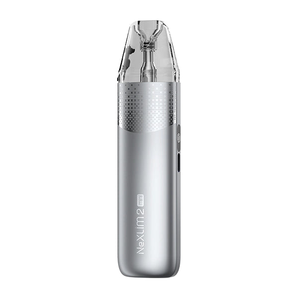 A silver-grey OXVA NeXLim 2 Mini pod kit with a cross-hatch textured upper panel fading into a plain metallic lower body.