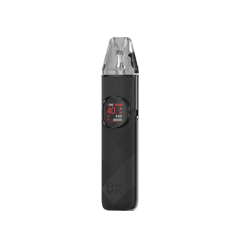 A matte black OXVA Nexlim 2 Vape Kit with a leather-textured, diagonally lined body and black trim, showing a round display reading 40W.