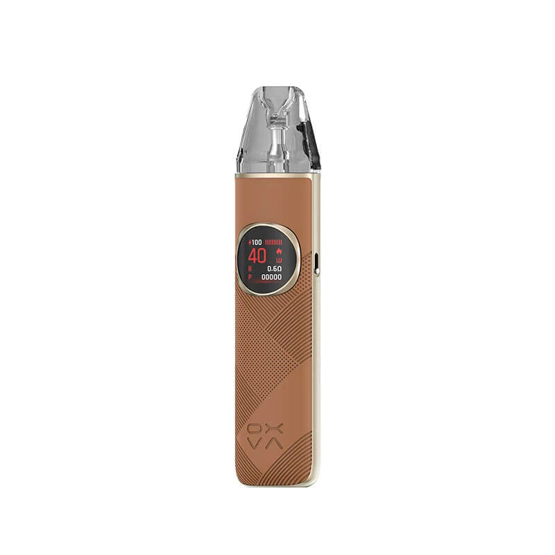 A tan-brown OXVA Nexlim 2 Vape Kit with a leather-textured, diagonally lined body and gold trim, showing a round display reading 40W.