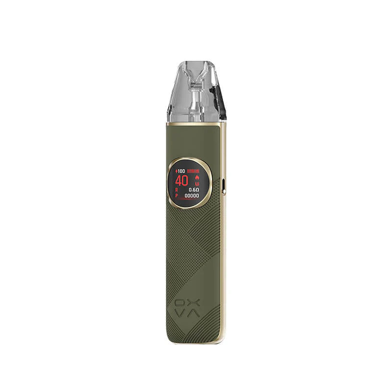 An olive green OXVA Nexlim 2 Vape Kit with a leather-textured, diagonally lined body and gold trim, showing a round display reading 40W.