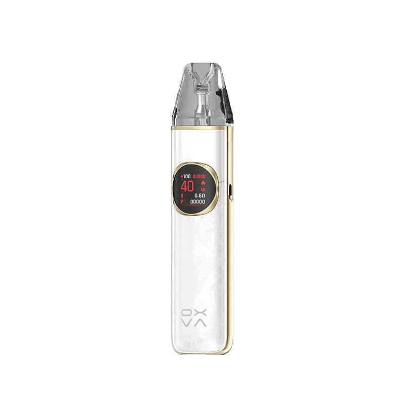 A white OXVA Nexlim 2 Vape Kit with a glossy, pearlescent marbled finish and gold trim, showing a round display reading 40W.