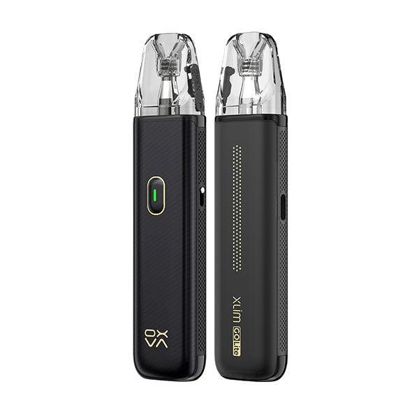 Two OXVA Xlim Go Lite Kit pod vape devices side by side in a Black Carbon finish with gold accents, both with clear pods and a battery indicator light.
Alt text (short): OXVA Xlim Go Lite Kit in Black Carbon.