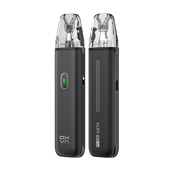 Two OXVA Xlim Go Lite Kit pod vape devices side by side in matte black, both with clear pods and a green battery indicator light.
Alt text (short): OXVA Xlim Go Lite Kit in Black.