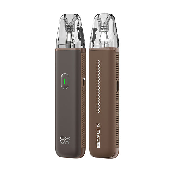 Two OXVA Xlim Go Lite Kit pod vape devices side by side in matte brown finishes, both with clear pods and a battery indicator light.