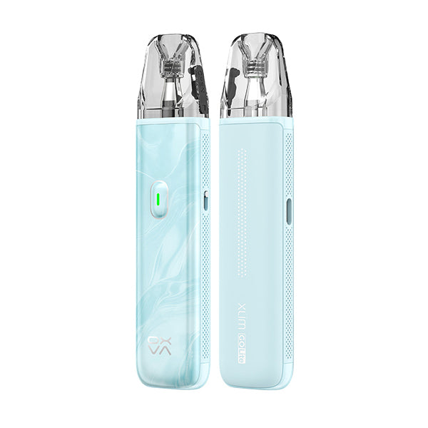 Two OXVA Xlim Go Lite Kit pod vape devices side by side, one in a swirled Light Blue marble finish and one in plain pale blue, both with clear pods and a battery indicator light.
