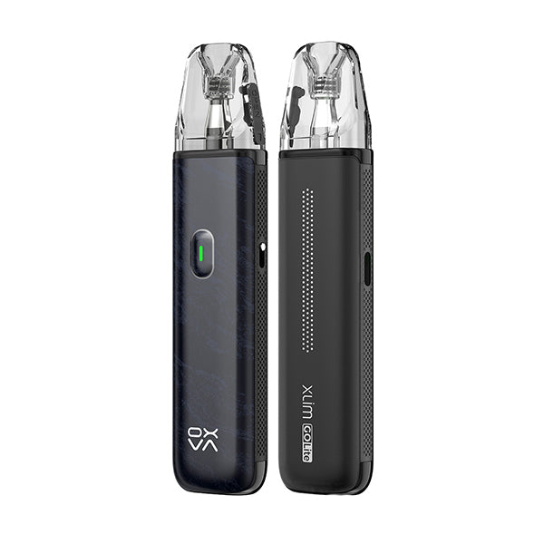 Two OXVA Xlim Go Lite Kit pod vape devices side by side, one in a marbled Mist Blue finish and one in matte black, both with clear pods and a battery indicator light.
