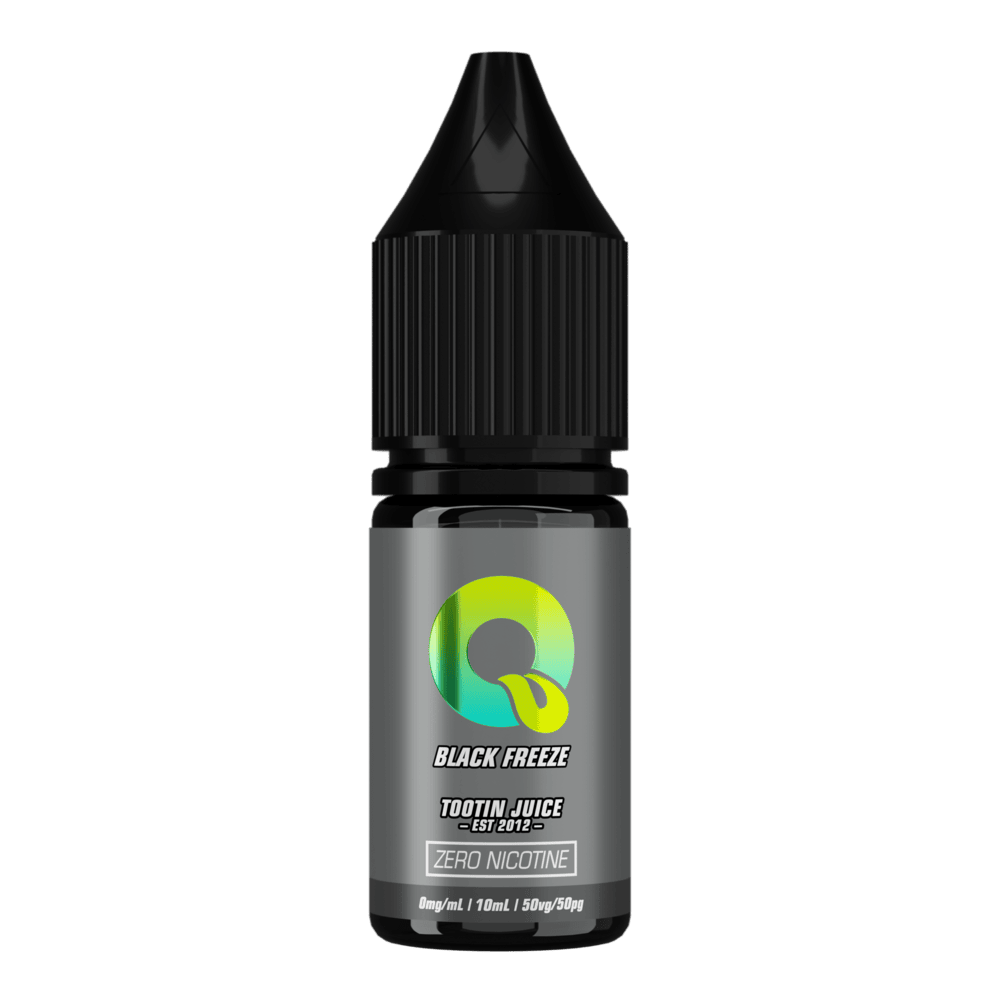 Tootin Juice Black Freeze 10ml e-liquid bottle, grey label with green-to-yellow gradient 'Q' logo, 'TOOTIN JUICE EST 2012' branding, 'ZERO NICOTINE' box, black cap, 0mg/mL 50VG/50PG