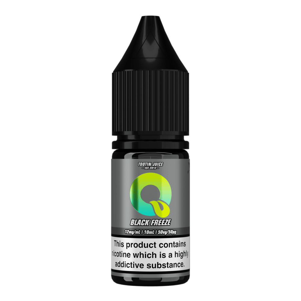 Tootin Juice Black Freeze 10ml nic salt bottle, grey label with green-to-yellow gradient 'Q' logo, 'TOOTIN JUICE EST 2012' branding, 12mg/mL strength, black cap, nicotine addictive warning label